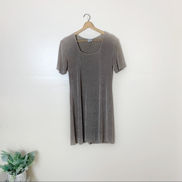 Vintage 90s Square Neck Tan Sparkle Y2K Short Sleeve Dress - Picture 1 of 12